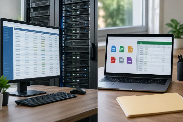 Gegenüberstellung: links Datenbankmanagementsystem (DBMS), rechts Dateimanagementsystem (FMS)