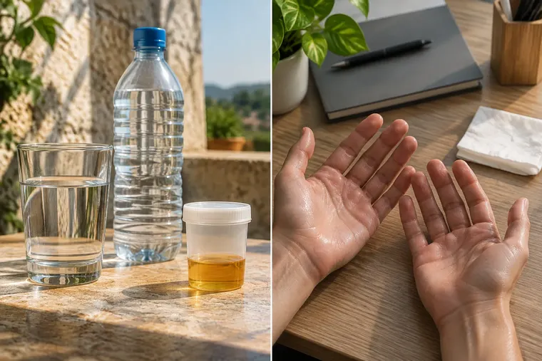 Gegenüberstellung: links Dehydrierung, rechts Hyperhidrose