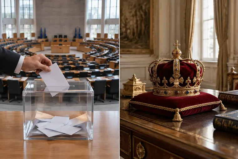 Gegenüberstellung: links Demokratie, rechts Monarchie