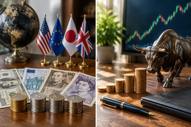 Gegenüberstellung: links Devisenmarkt, rechts Aktienmarkt