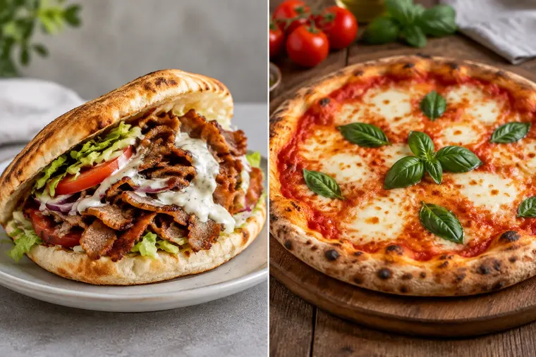 Gegenüberstellung: links Döner, rechts Pizza