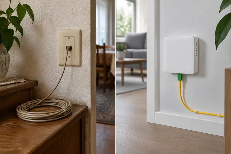Gegenüberstellung: links DSL, rechts Glasfaser