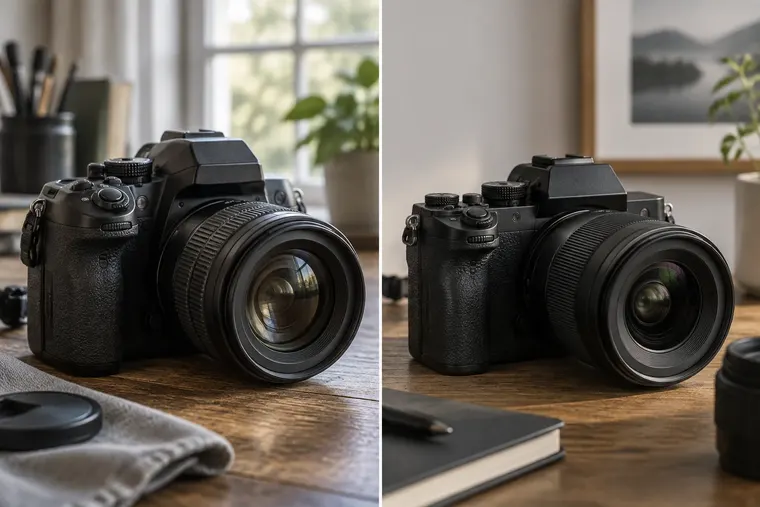 Gegenüberstellung: links DSLR-Kamera, rechts Spiegellose Systemkamera