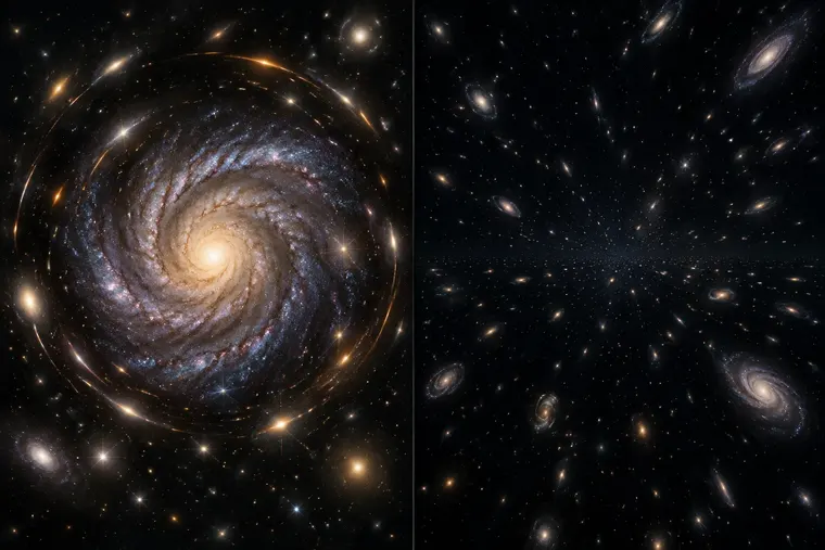 Gegenüberstellung: links dunkle Materie, rechts dunkle Energie