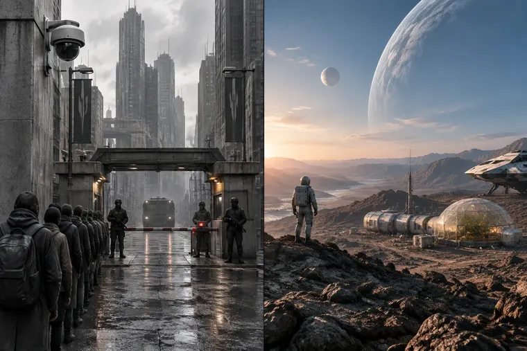 Gegenüberstellung: links Dystopie, rechts Science-Fiction