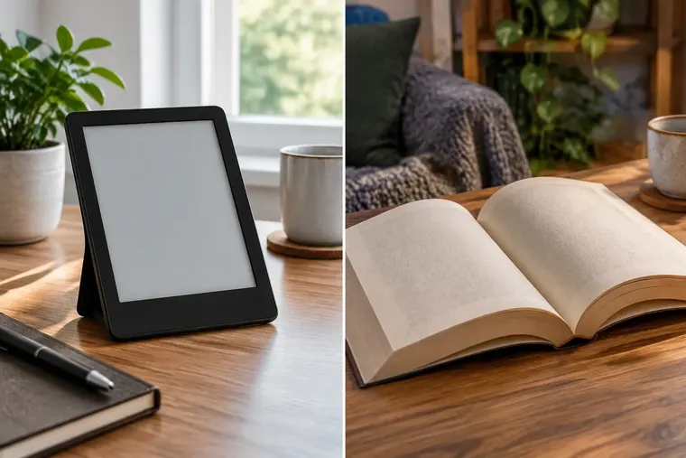 Gegenüberstellung: links E-Book, rechts gedrucktes Buch