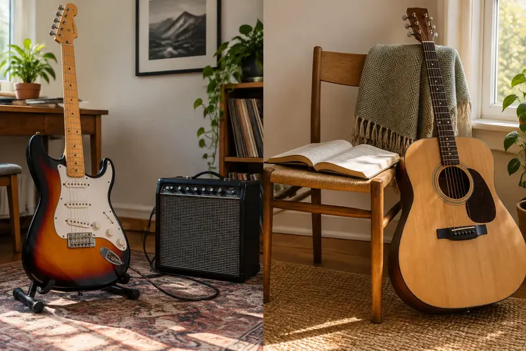 Gegenüberstellung: links E-Gitarre, rechts Akustikgitarre