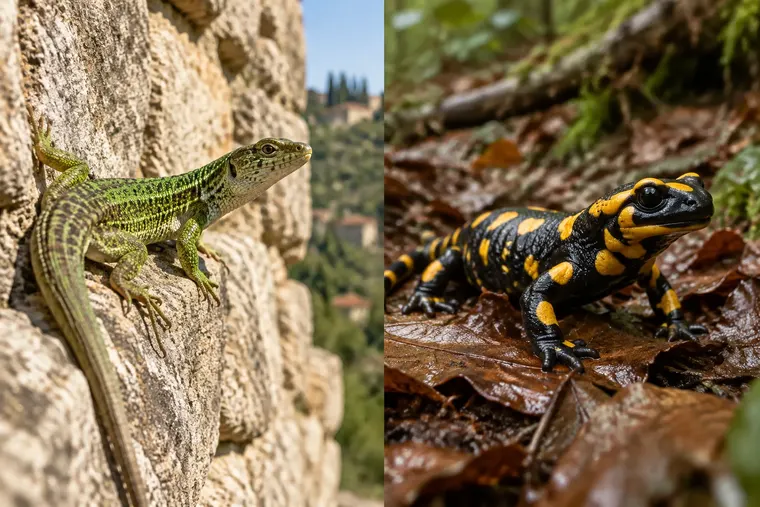 Gegenüberstellung: links Eidechse, rechts Salamander
