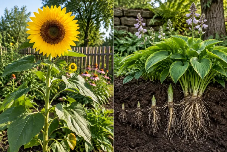 Gegenüberstellung: links einjährige Pflanze, rechts Staude