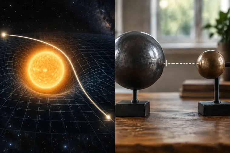 Gegenüberstellung: links Einsteins Relativitätstheorie, rechts Newtons Gravitationsgesetz