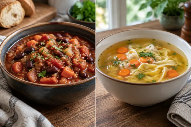 Gegenüberstellung: links Eintopf, rechts Suppe