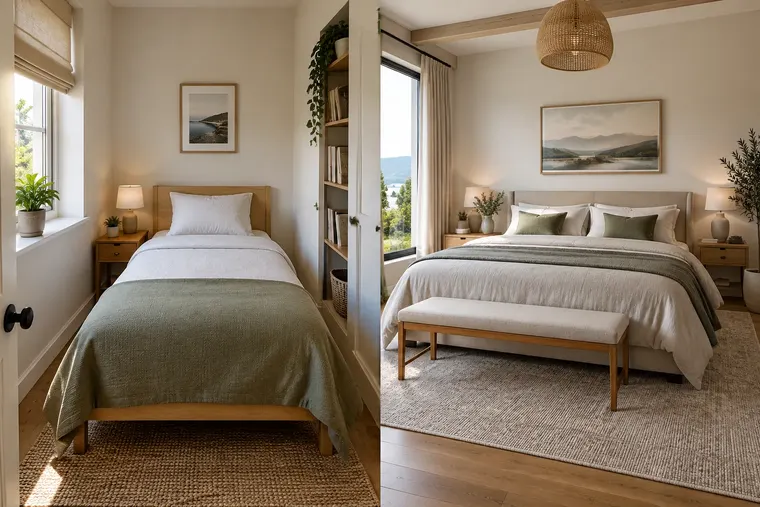 Gegenüberstellung: links Einzelbett, rechts Doppelbett