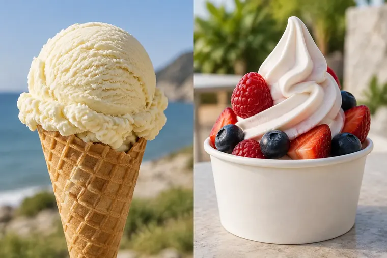 Gegenüberstellung: links Eiscreme, rechts Frozen Yogurt