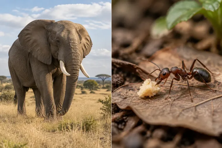 Gegenüberstellung: links Elefant, rechts Ameise