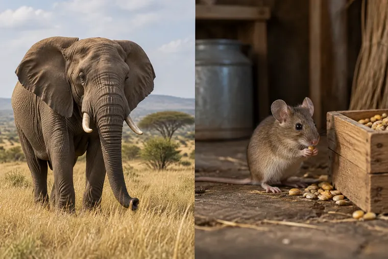 Gegenüberstellung: links Elefant, rechts Maus