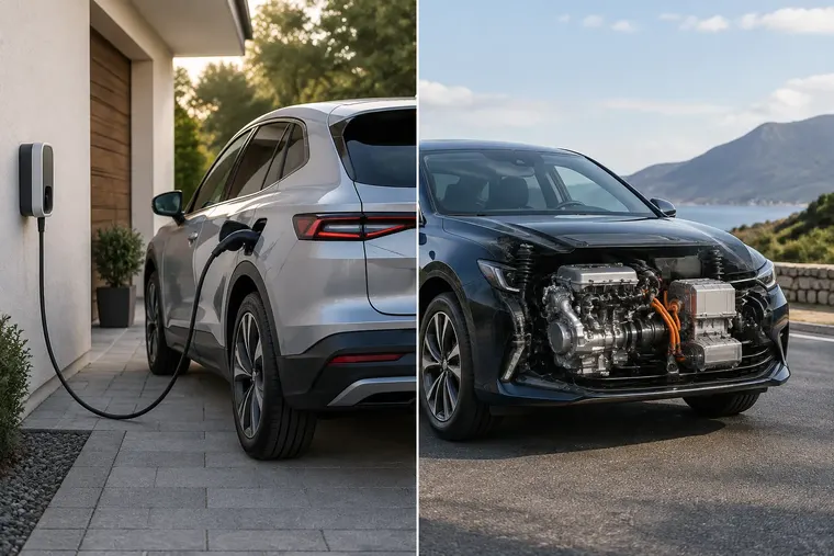 Gegenüberstellung: links Elektroauto, rechts Hybridauto