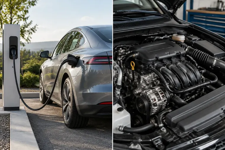Gegenüberstellung: links Elektroauto, rechts Verbrennungsmotor