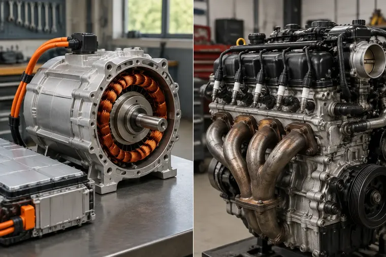 Gegenüberstellung: links Elektromotor, rechts Ottomotor