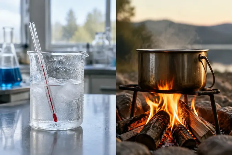Gegenüberstellung: links Endotherme Reaktion, rechts Exotherme Reaktion