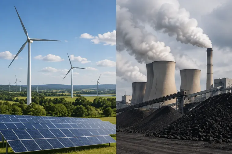 Gegenüberstellung: links Erneuerbare Energie, rechts Fossile Energie