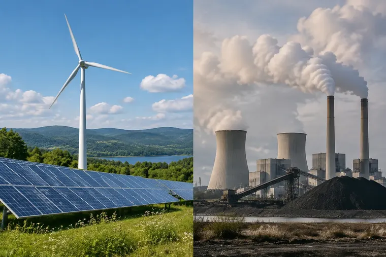 Gegenüberstellung: links erneuerbare Energie, rechts nicht erneuerbare Energie