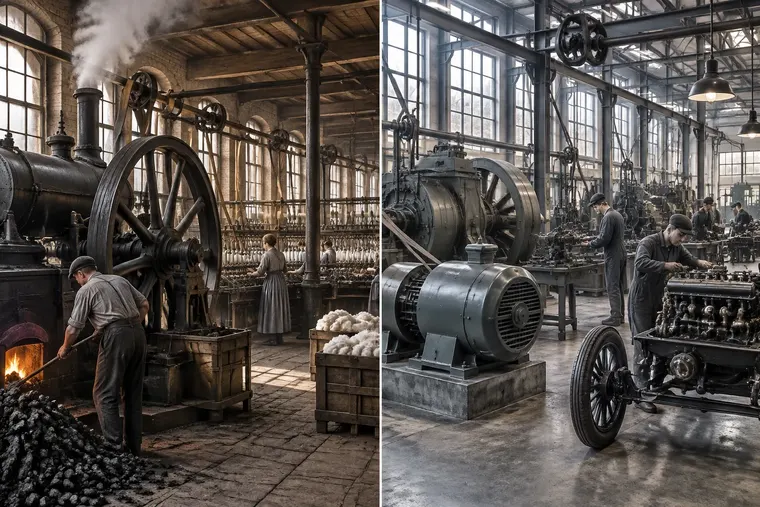 Gegenüberstellung: links erste industrielle Revolution, rechts zweite industrielle Revolution