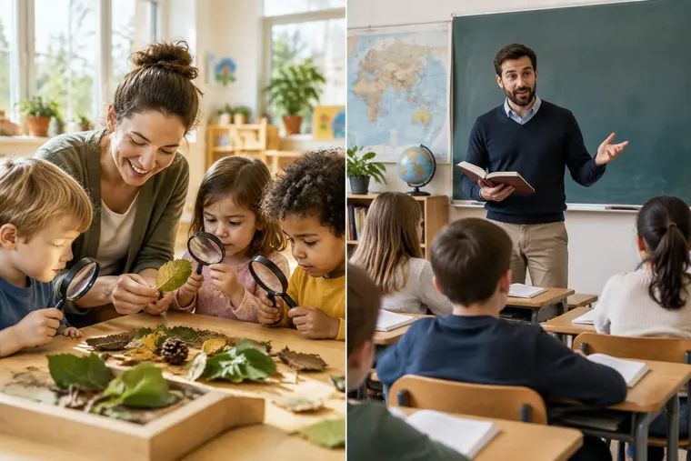 Gegenüberstellung: links Erzieher, rechts Lehrer