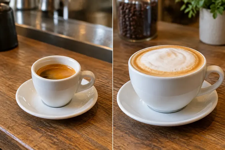 Gegenüberstellung: links Espresso, rechts Cappuccino