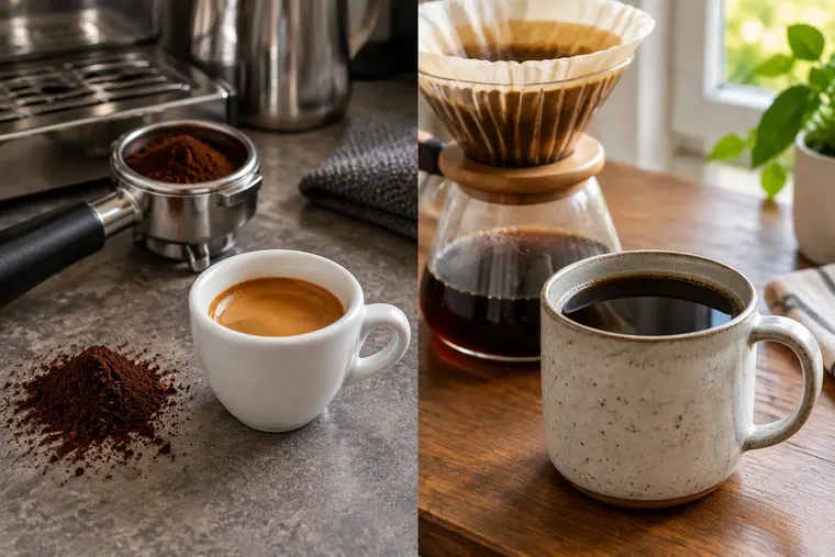 Gegenüberstellung: links Espresso, rechts Filterkaffee
