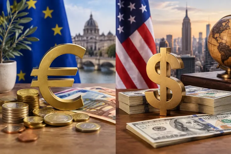 Gegenüberstellung: links Euro, rechts Dollar