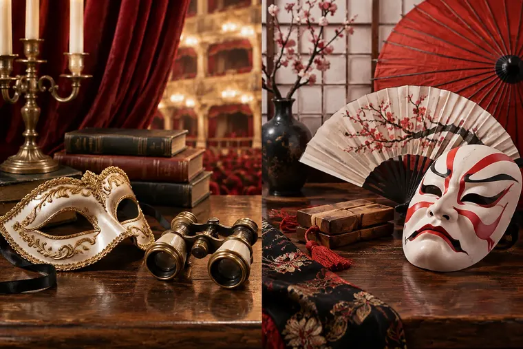 Gegenüberstellung: links europäisches Theater, rechts asiatisches Theater