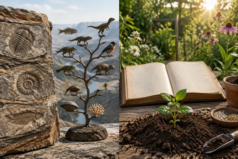 Gegenüberstellung: links Evolution, rechts Kreationismus
