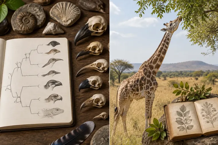 Gegenüberstellung: links Evolutionstheorie, rechts Lamarckismus