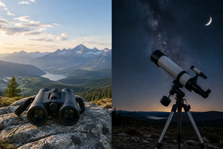 Gegenüberstellung: links Fernglas, rechts Teleskop