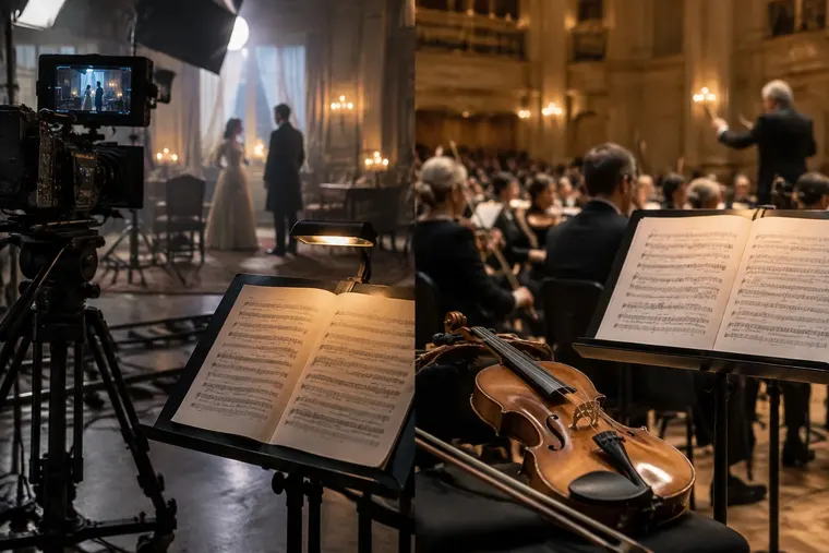 Gegenüberstellung: links Filmmusik, rechts klassische Musik