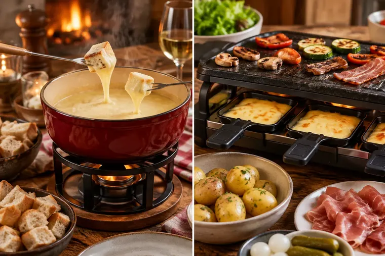 Gegenüberstellung: links Fondue, rechts Raclette