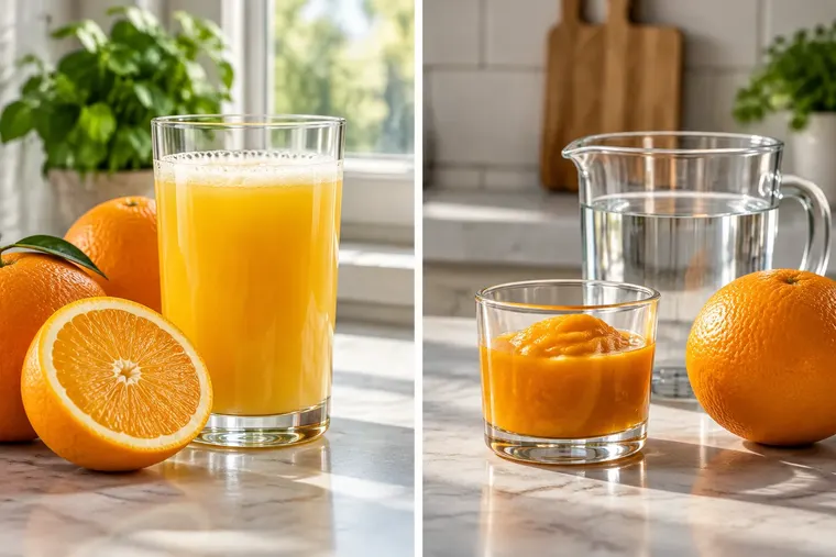 Gegenüberstellung: links Fruchtsaft, rechts Fruchtsaftkonzentrat