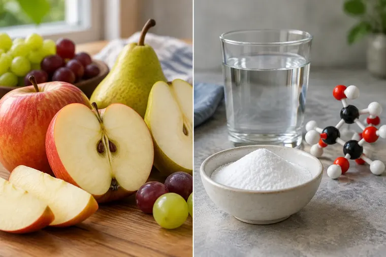 Gegenüberstellung: links Fruktose, rechts Glukose