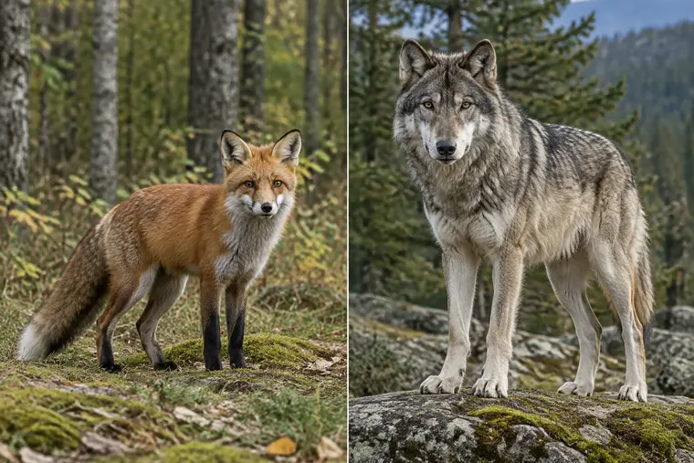 Gegenüberstellung: links Fuchs, rechts Wolf