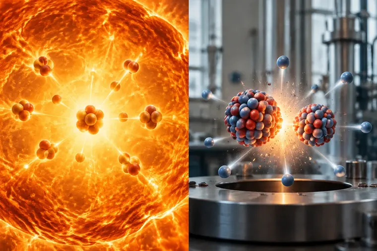 Gegenüberstellung: links Fusion, rechts Fission