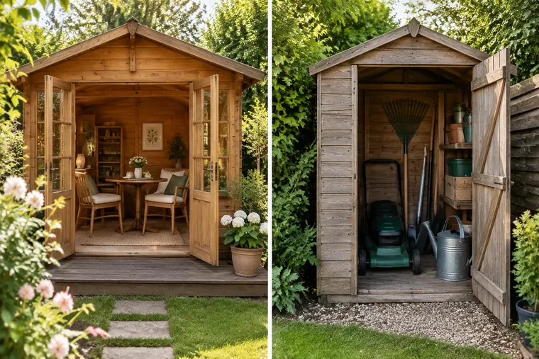 Gegenüberstellung: links Gartenhaus, rechts Geräteschuppen