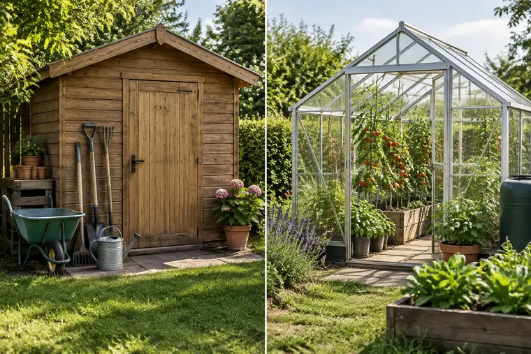 Gegenüberstellung: links Gartenhaus, rechts Gewächshaus