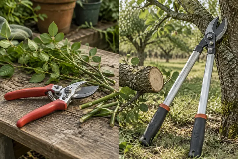 Gegenüberstellung: links Gartenschere, rechts Astschere