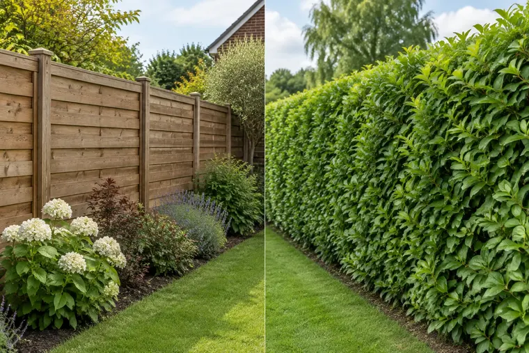 Gegenüberstellung: links Gartenzaun, rechts Hecke