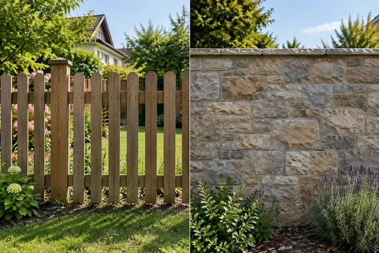 Gegenüberstellung: links Gartenzaun, rechts Mauer