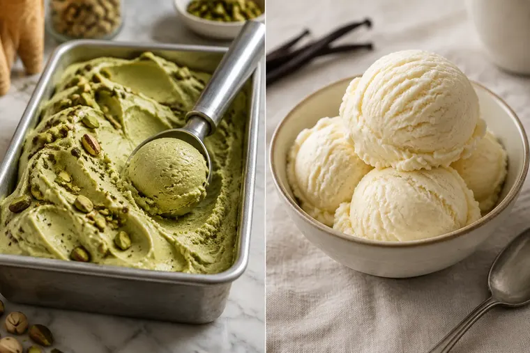 Gegenüberstellung: links Gelato, rechts Eiscreme
