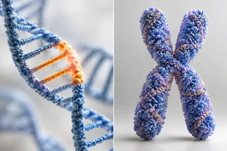 Gegenüberstellung: links Gen, rechts Chromosom