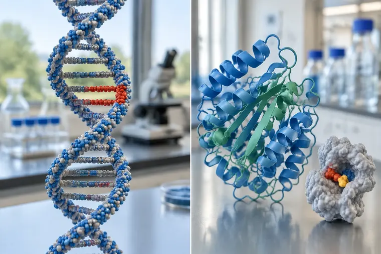 Gegenüberstellung: links Gen, rechts Protein