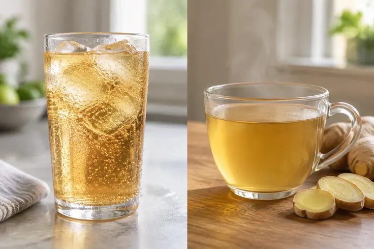 Gegenüberstellung: links Ginger Ale, rechts Ingwertee