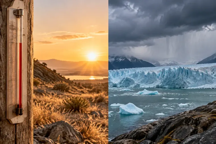 Gegenüberstellung: links globale Erwärmung, rechts Klimawandel